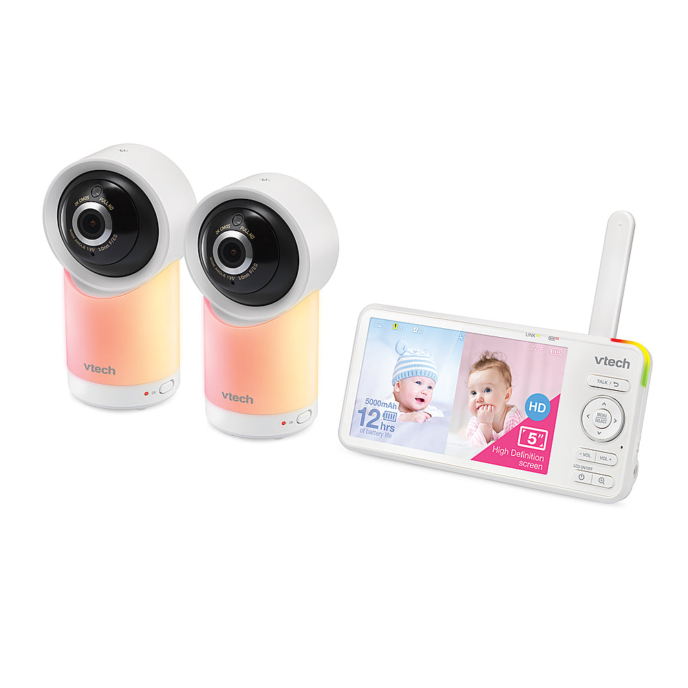 VTech - 2 Camera 1080p Smart WiFi Remote Access 360 Degree Pan & Tilt Video Baby Monitor with 5” Display, Night Light - white