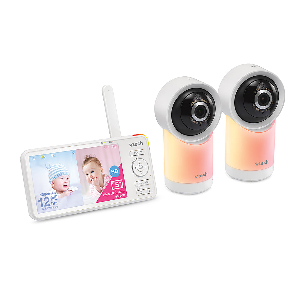 VTech - 2 Camera 1080p Smart WiFi Remote Access 360 Degree Pan & Tilt Video Baby Monitor with 5” Display, Night Light - white