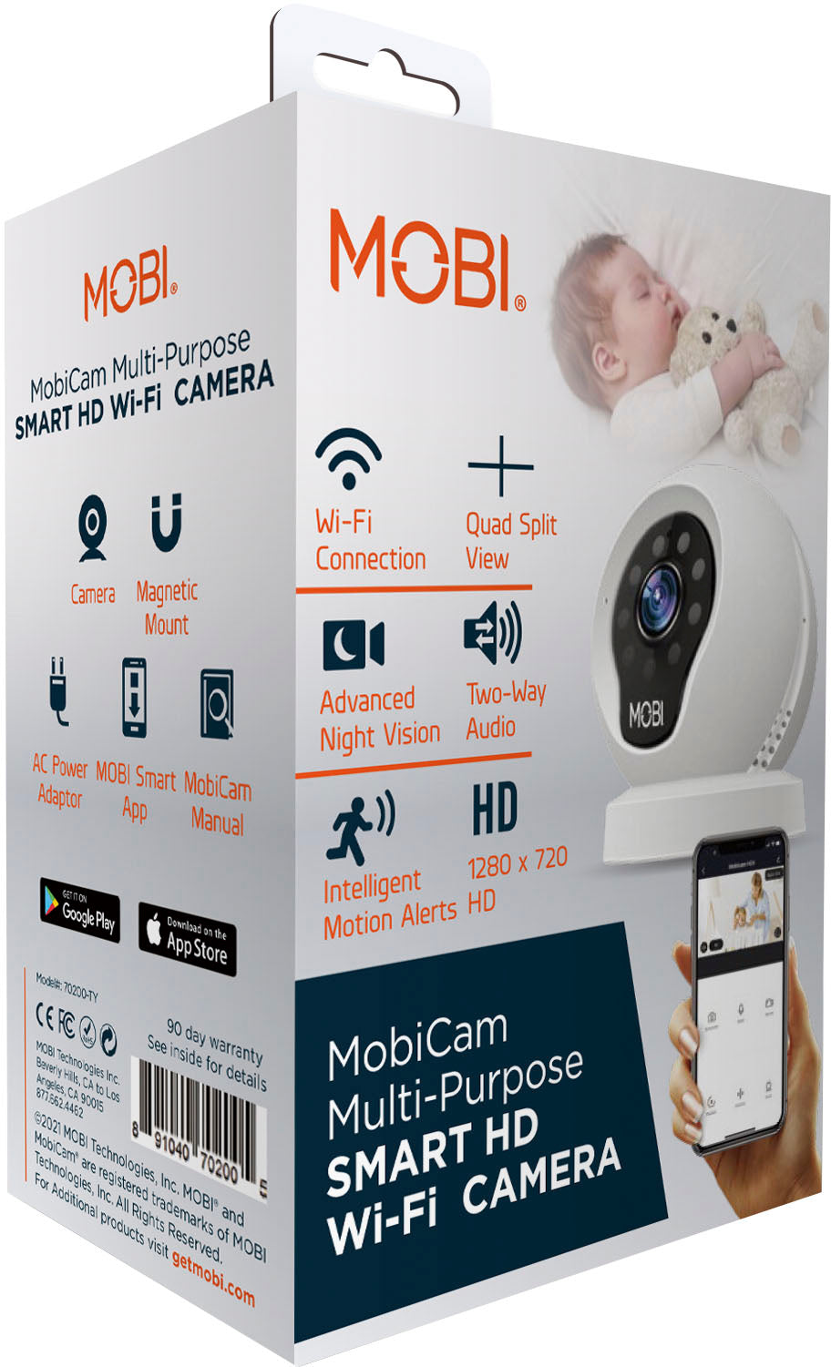 MOBI - Cam Multi-Purpose Smart HD Wi-Fi Baby Camera Monitor with 2-way Audio, Recording, and motion detection - White