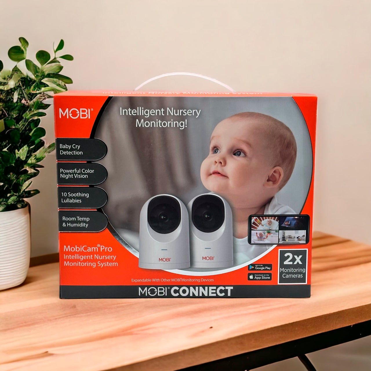 MOBI - Cam Pro HD 2 Pack Wi-Fi Pan & Tilt Video Baby Monitor with 2-way Audio, Powerful Color Night Vision, & Mounting Ability - White